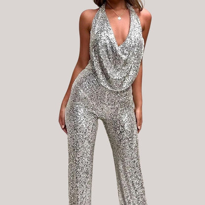 Chic Sequined Backless Halter Jumpsuit for Women