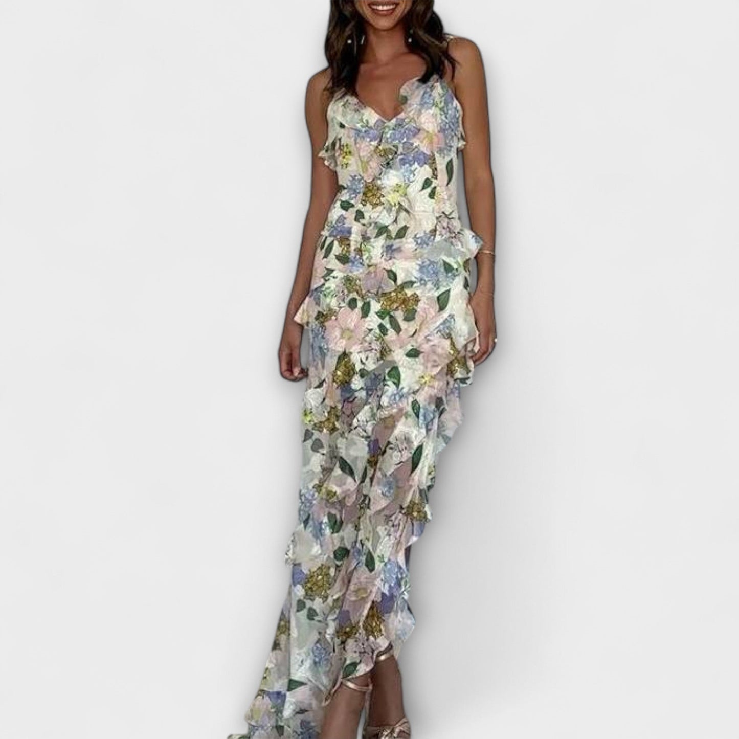 Chic Ruffled Dress with Strap Print for Any Occasion