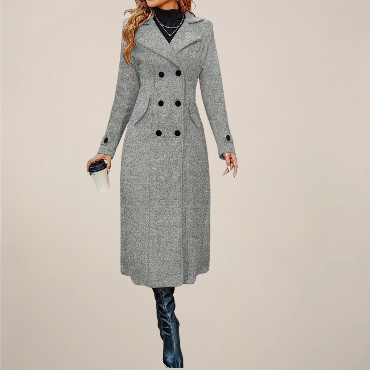 Women’s Double-Breasted Long Overcoat - Stylish Lapel Design for Fall & Winter Wear