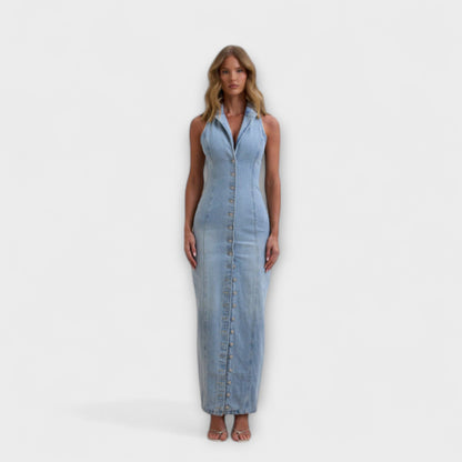 Chic Mid Wash Denim Maxi Dress for Any Occasion