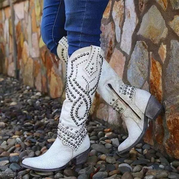 Stylish Women's Studded Cowboy Boots with Chunky Heel
