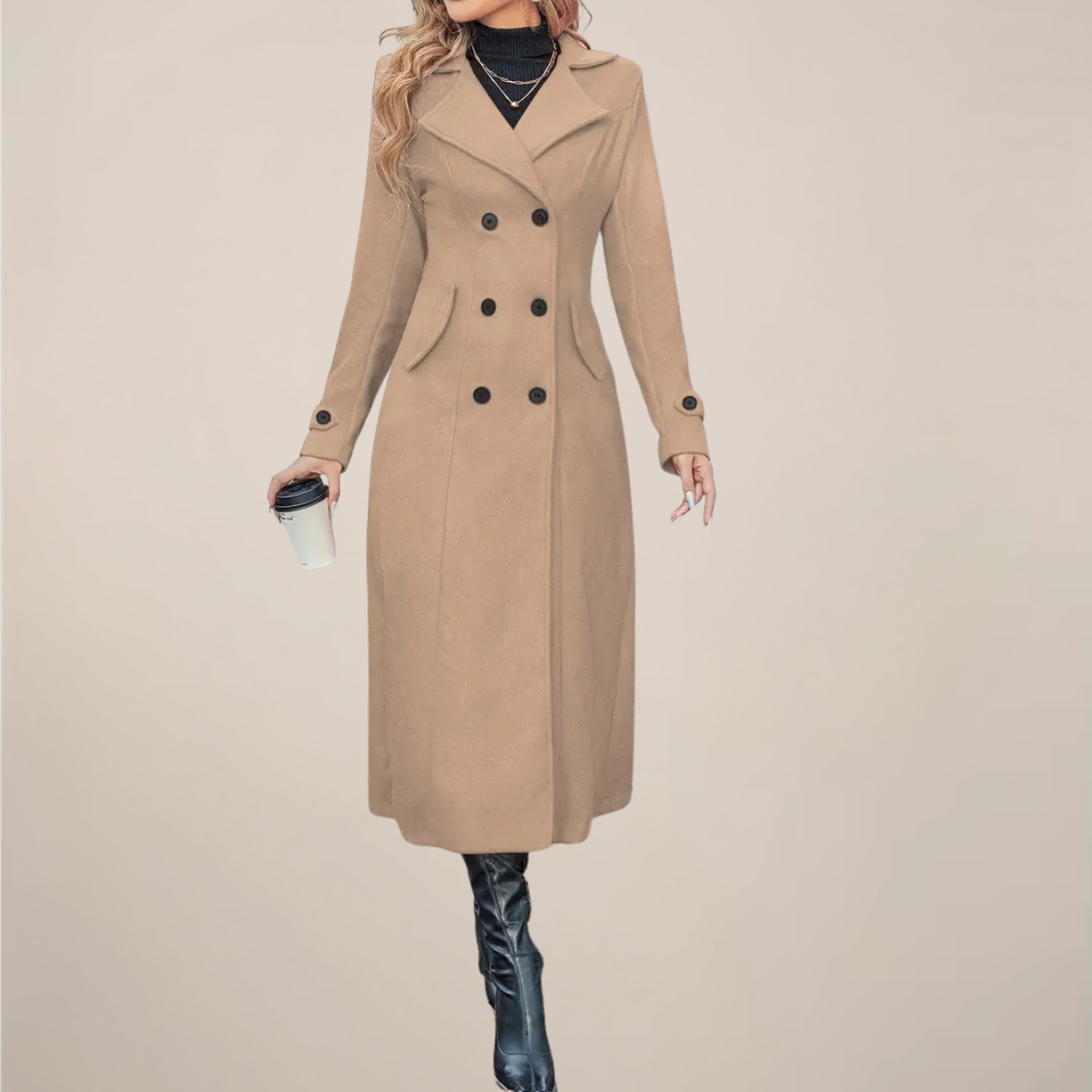 Women’s Double-Breasted Long Overcoat - Stylish Lapel Design for Fall & Winter Wear
