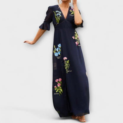 Beatrice - Navy Blue Floral Embroidered Dress for Special Occasions