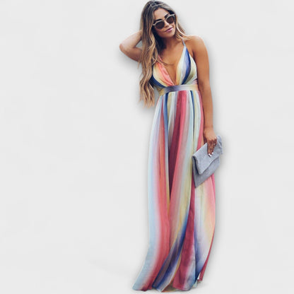 V-Neck Multicolored Striped Women's Dress for Every Occasion