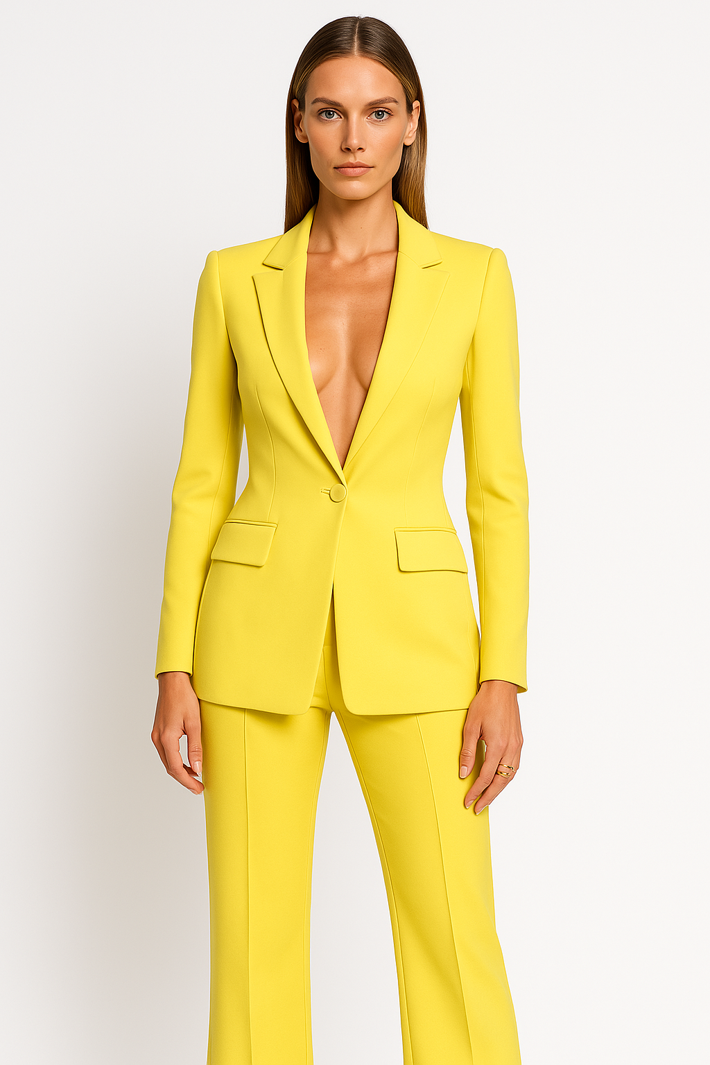 Chic Women's Plunging Trouser Suit – Blazer & Straight-Leg Pants