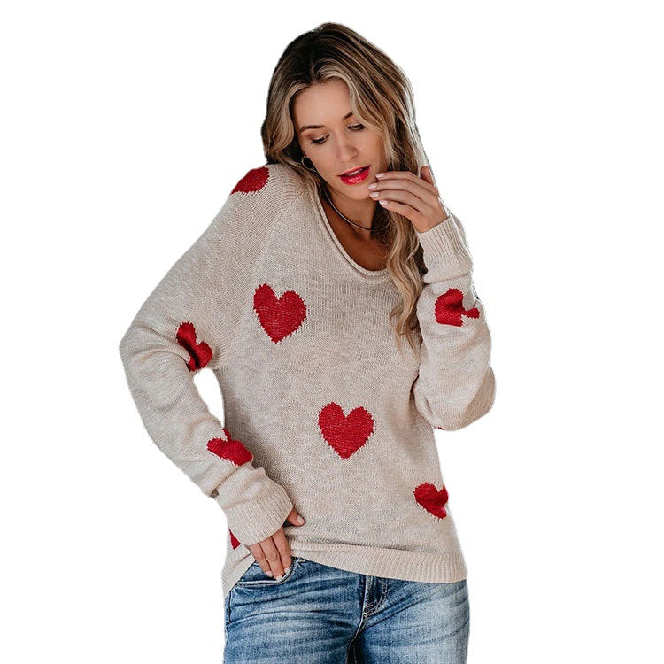 Charming Heart-Pattern Knit Sweater for Everyday Wear