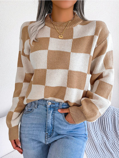 Violet Checkered Knit Sweater for Stylish Occasions