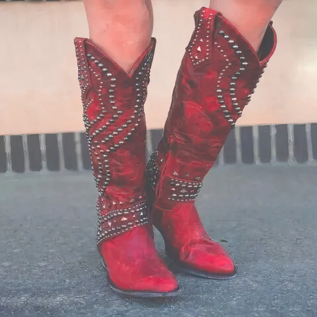 Stylish Women's Studded Cowboy Boots with Chunky Heel