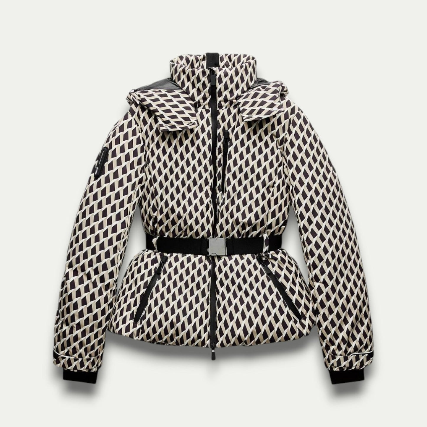 Women's Beige Patterned Puffer Jacket – Stylish Belted Insulation for Outdoor Wear