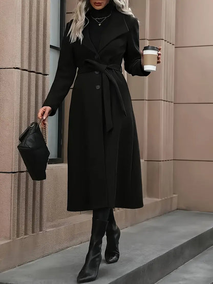 Chic Black Belted Long Trench Coat for Fall & Winter Wear