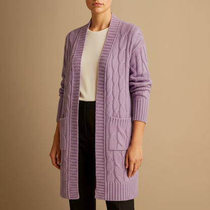 Women's Cozy Cable Knit Long Cardigan with Pockets
