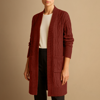 Women's Cozy Cable Knit Long Cardigan with Pockets