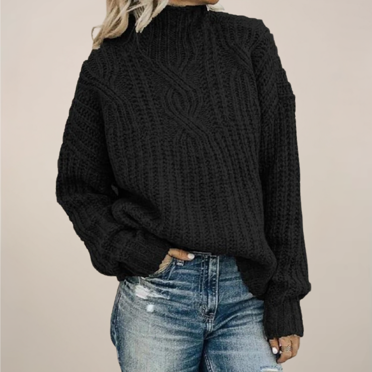 Chic Black Mock Neck Cable Knit Sweater for Any Occasion