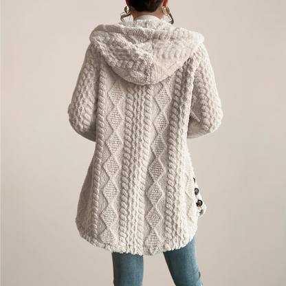 Chic Cream Hooded Jacquard Plush Coat for Every Occasion