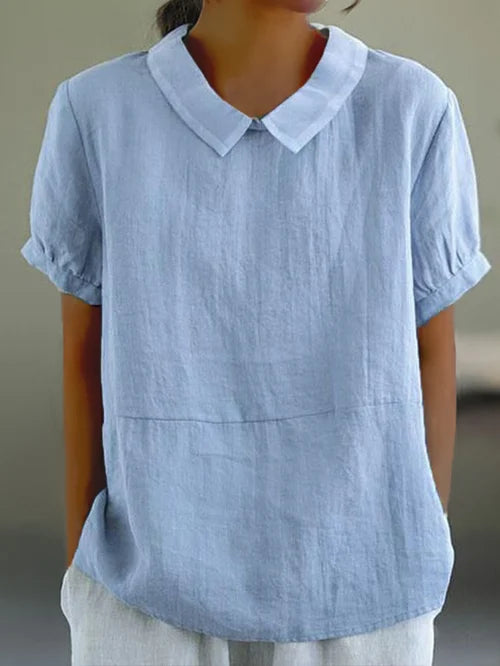 Women’s Linen Short Sleeve Blouse with Peter Pan Collar for Everyday Wear