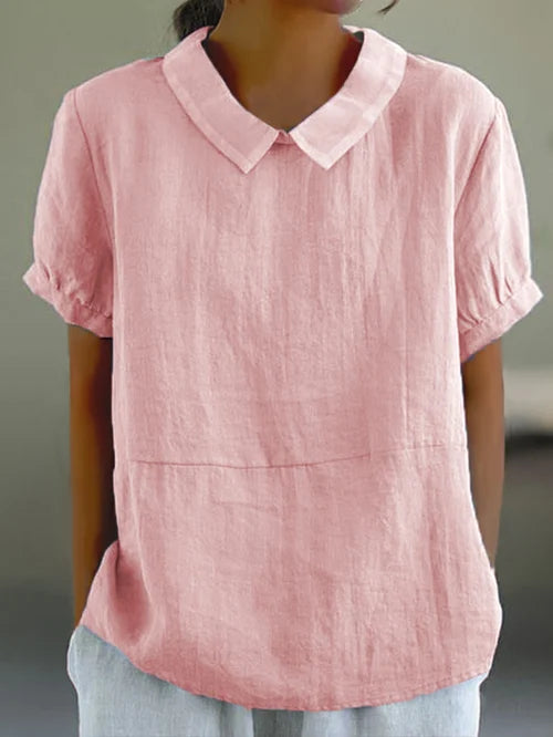 Women’s Linen Short Sleeve Blouse with Peter Pan Collar for Everyday Wear