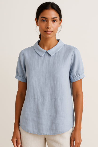 Women’s Linen Short Sleeve Blouse with Peter Pan Collar for Everyday Wear