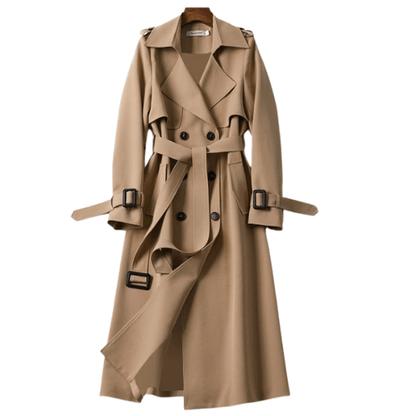Women's Longline Double-Breasted Trench Coat – Stylish Belted Outerwear