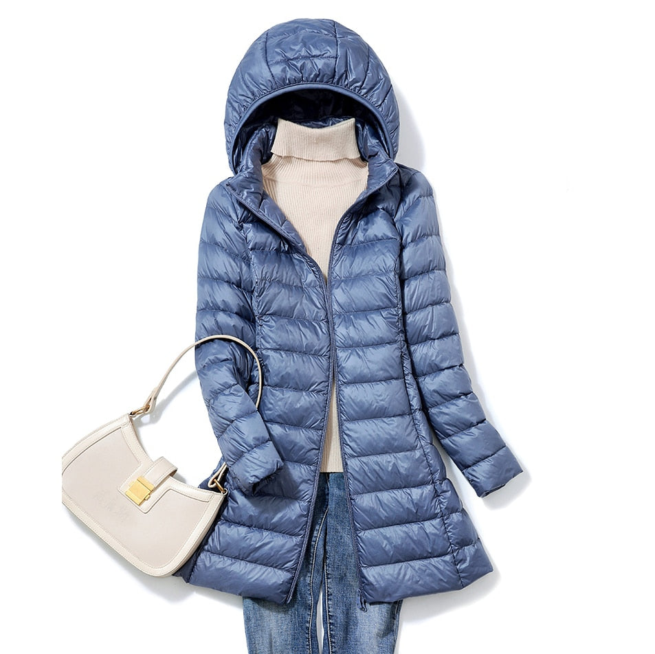 Women's Hooded Longline Puffer Jacket - Quilted Style for Winter Wear