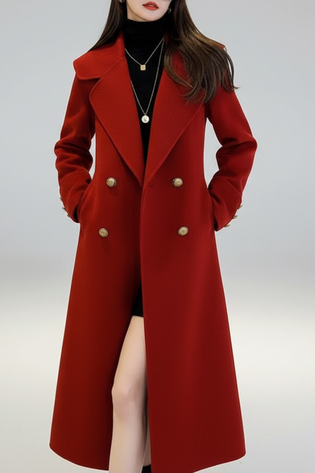 Women’s Red Double-Breasted Long Trench Coat – Stylish Winter Outerwear