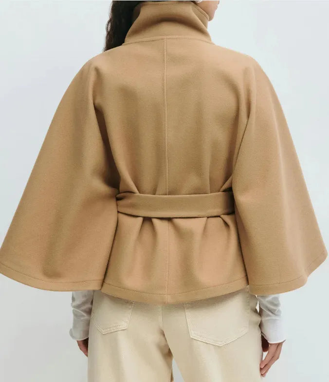 Chic Cape Coat for Women - Funnel Neck & Belted Design