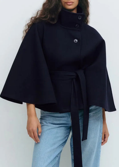 Chic Cape Coat for Women - Funnel Neck & Belted Design