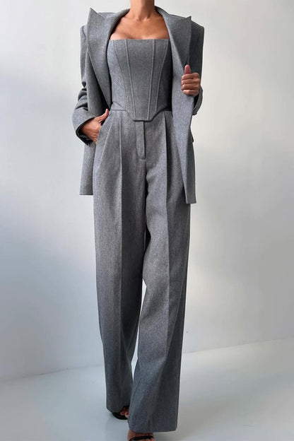 Chic Women's Three-Piece Suit: Blazer, Corset, Wide-Leg Trousers for Stylish Occasions