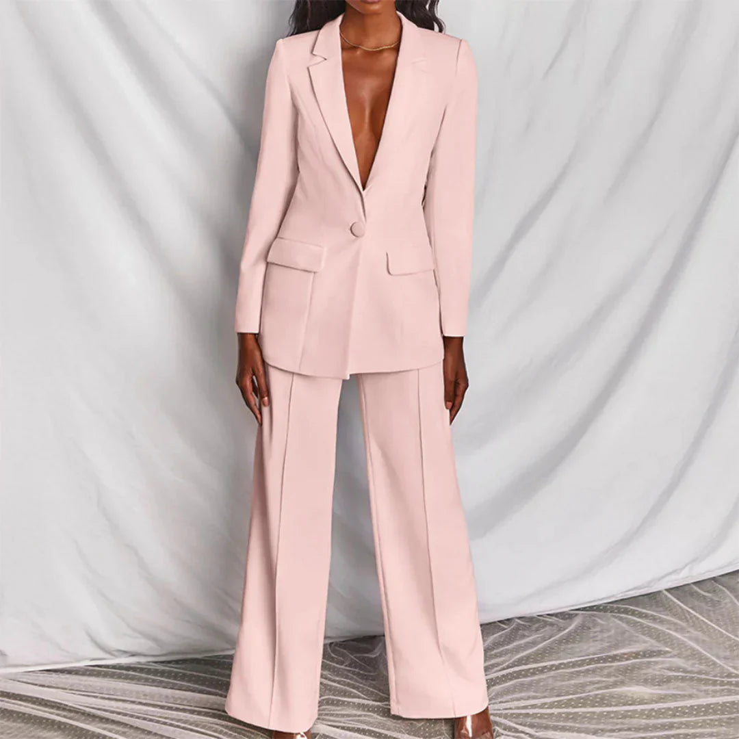 Chic Women’s Trouser Suit - Longline Blazer & Wide-Leg Pants