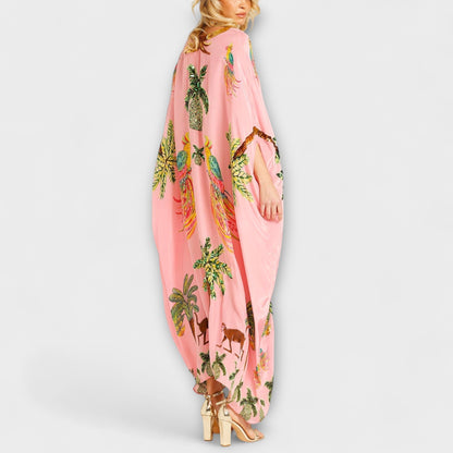 Linda - Chic Asymmetrical Shoulder Dress with Tropical Coconut Tree Design