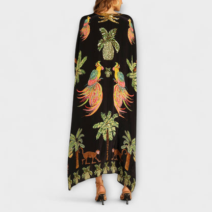 Linda - Chic Asymmetrical Shoulder Dress with Tropical Coconut Tree Design