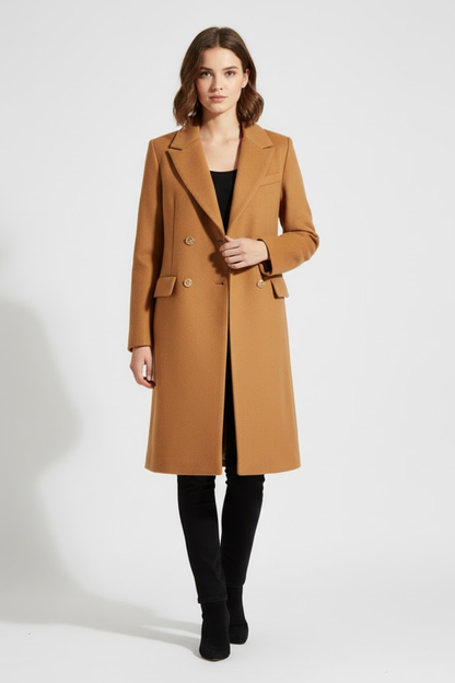 Stylish Camel Peacoat with Gold Button Accents for Chic Outings