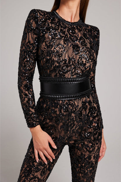 Women's Sequin Lace Long Sleeve Jumpsuit | Sheer Accents & Flared Trousers for Parties
