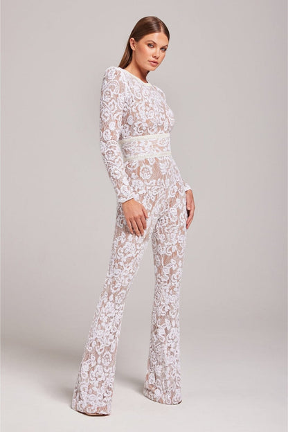 Women's Sequin Lace Long Sleeve Jumpsuit | Sheer Accents & Flared Trousers for Parties