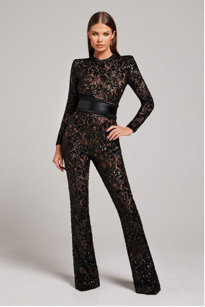 Women's Sequin Lace Long Sleeve Jumpsuit | Sheer Accents & Flared Trousers for Parties