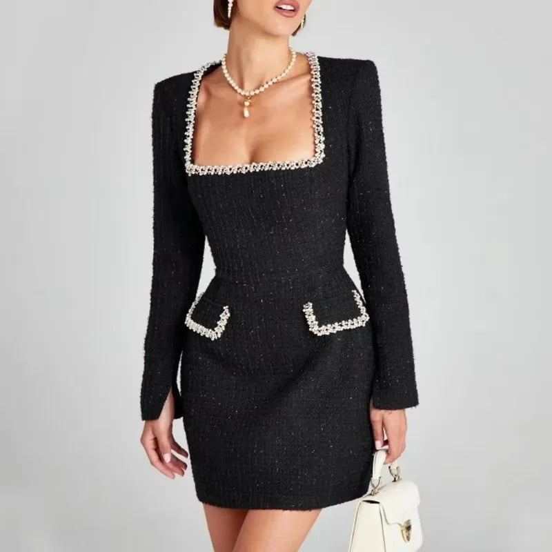 Chic Tweed Mini Dress for Parties – Long Sleeve Square Neck Style