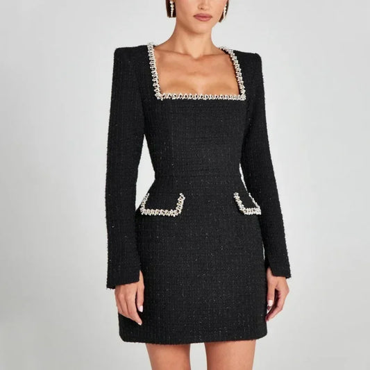 Chic Tweed Mini Dress for Parties – Long Sleeve Square Neck Style